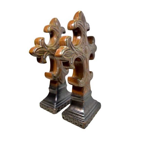 Pair Of Decorative Ceramic Fleur-De-Lis Cross Figurines or Book Ends - Picture 3 of 9